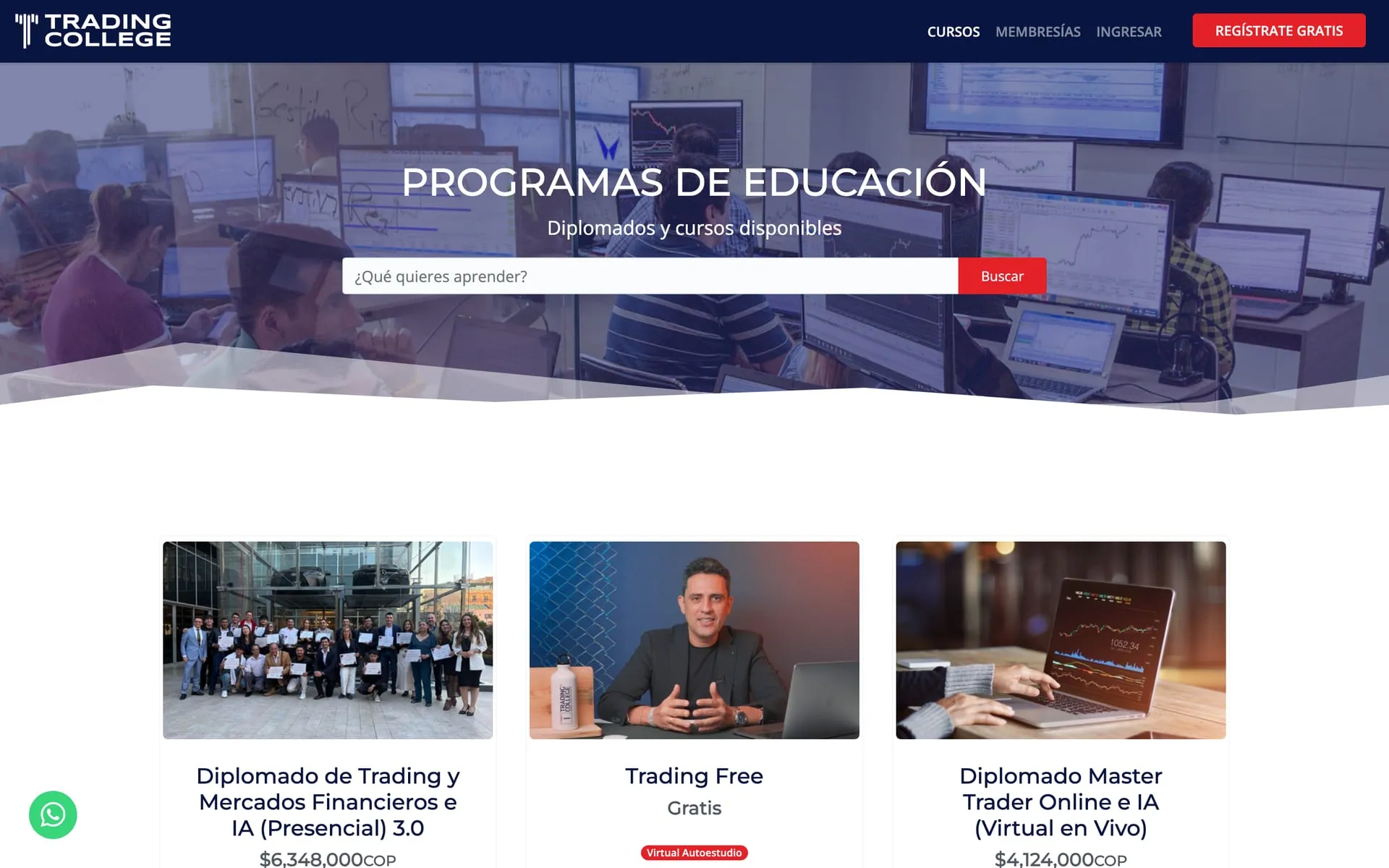 Campus virtual de TradingCollege con el catálogo de programas