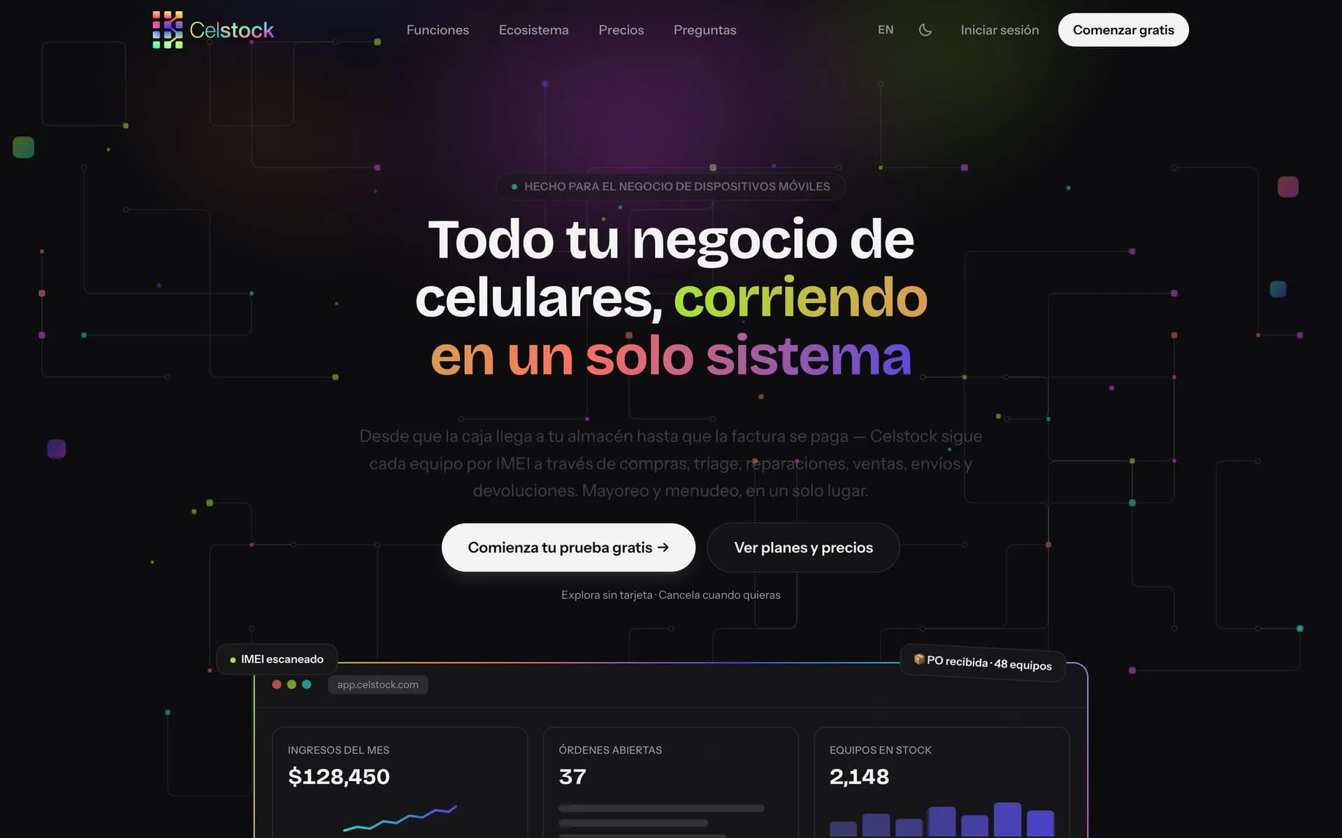 Web de Celstock con el panel del ERP: ingresos del mes, órdenes abiertas y equipos en stock