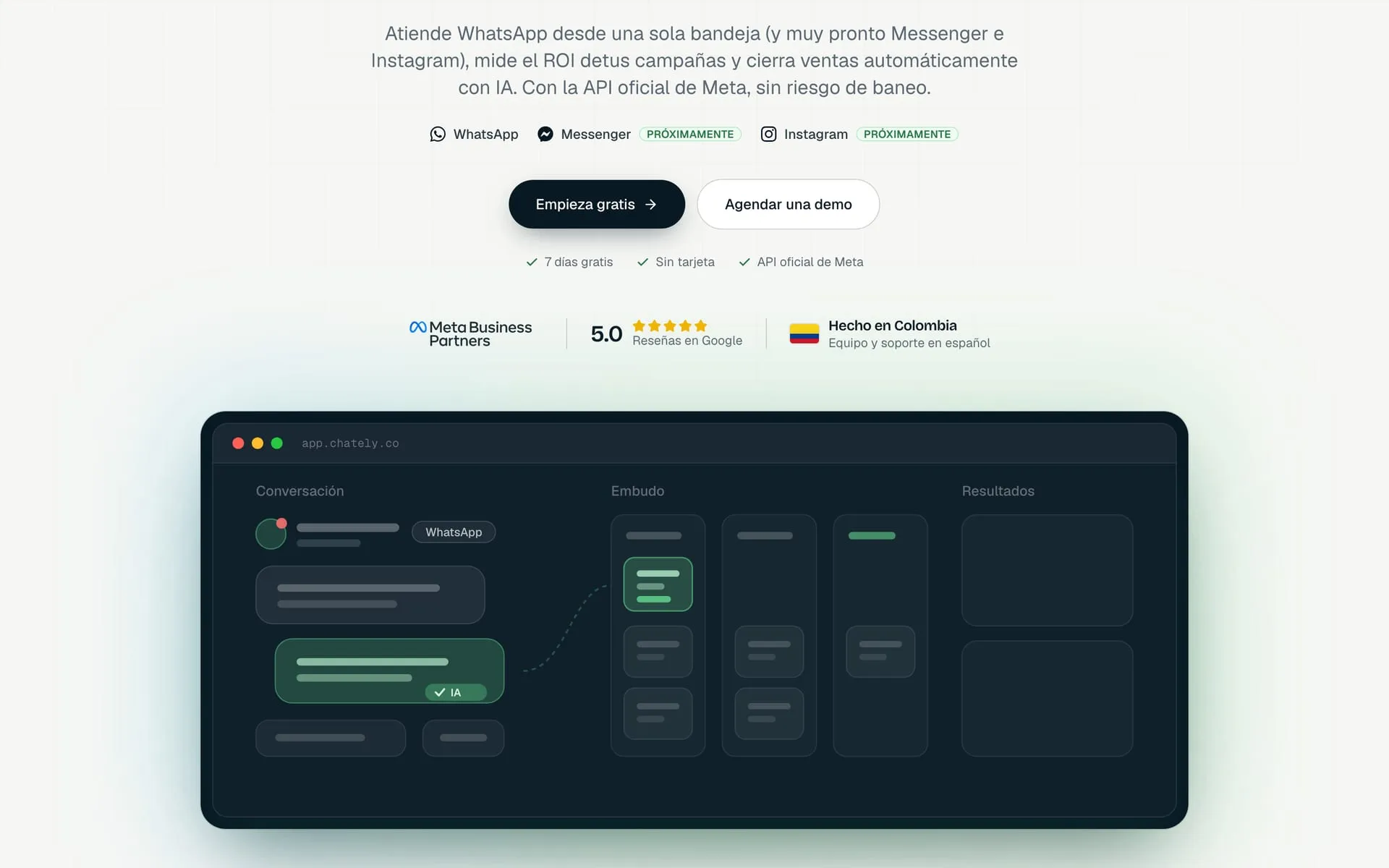 Web de Chately con la vista del producto: conversación atendida por IA, embudo de ventas y resultados