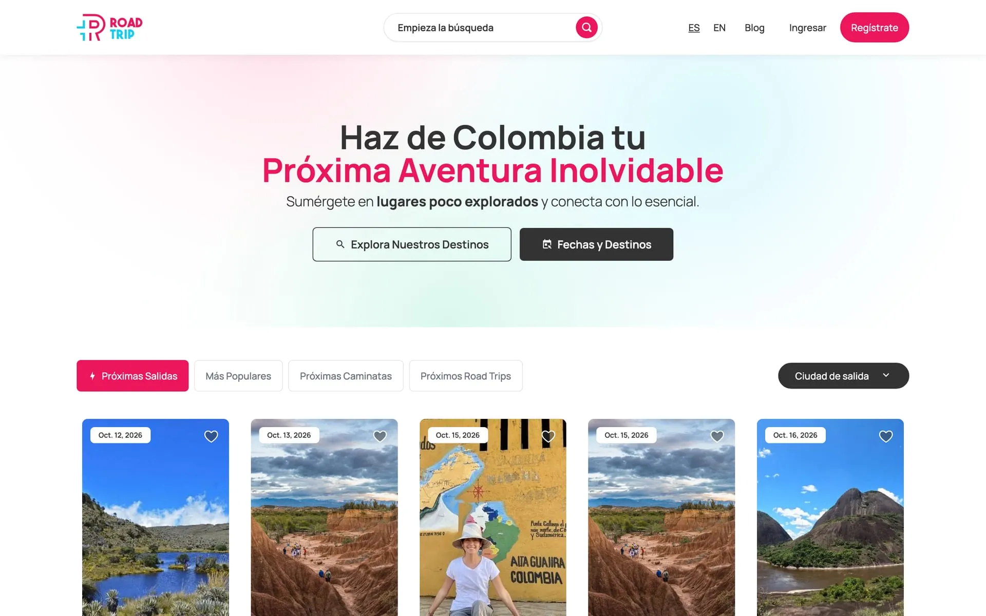 Plataforma de RoadTrip con el buscador y las próximas salidas