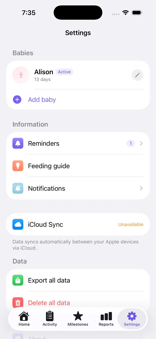 BabyTracker Settings
