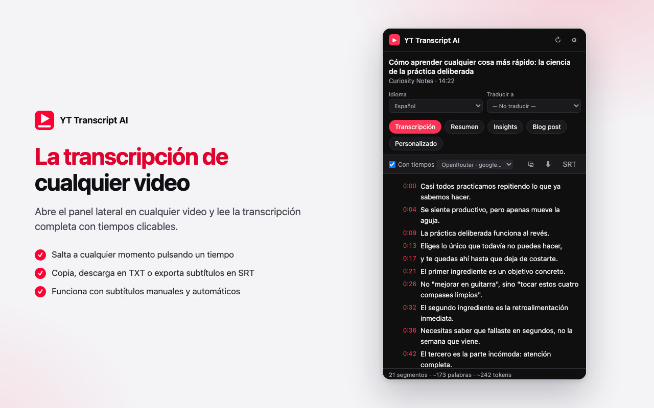 Panel lateral de YT Transcript AI mostrando la transcripción de un video de YouTube con tiempos clicables